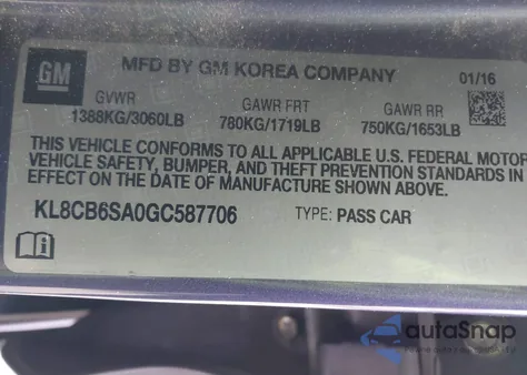 2016 Chevrolet Spark Ls Cvt z USA, uszkodzony, nr VIN KL8CB6SA0GC587706